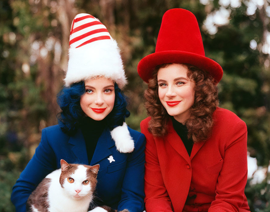 Two women in colorful costumes posing with a cat in front of greenery