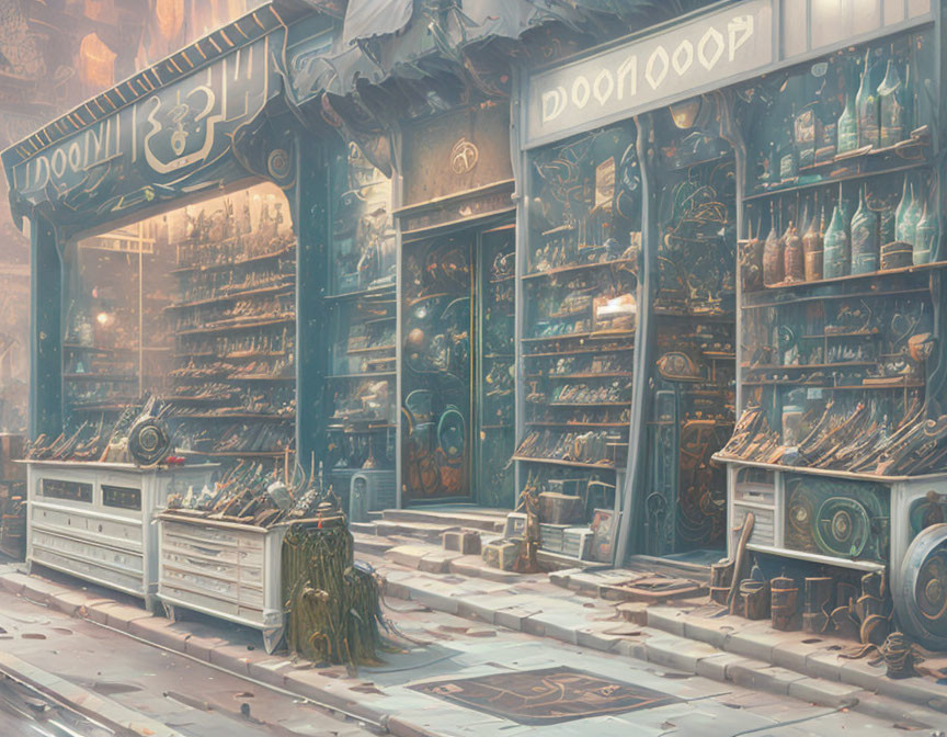 Futuristic storefront with ornate designs and stocked shelves