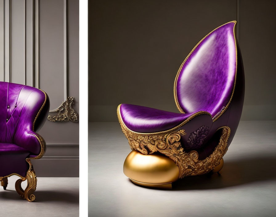 Luxurious Purple and Gold High-Back Chair on Grey Background