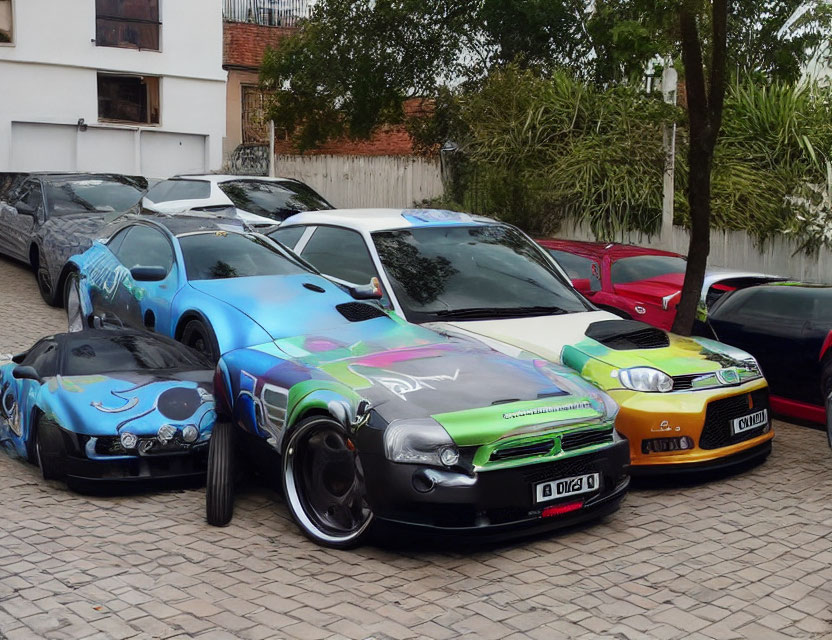 Colorful Custom Decorated Sports Cars in Parking Lot with Vibrant Artwork