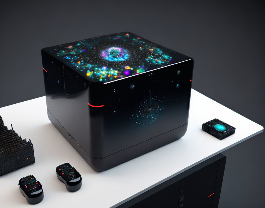 Black Projector with Cosmic Pattern Display, Remotes, and City Model on White Surface