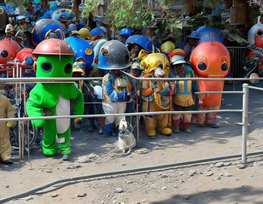 Colorful Group in Cartoonish Robot Helmets with Small Dog Barrier Stand