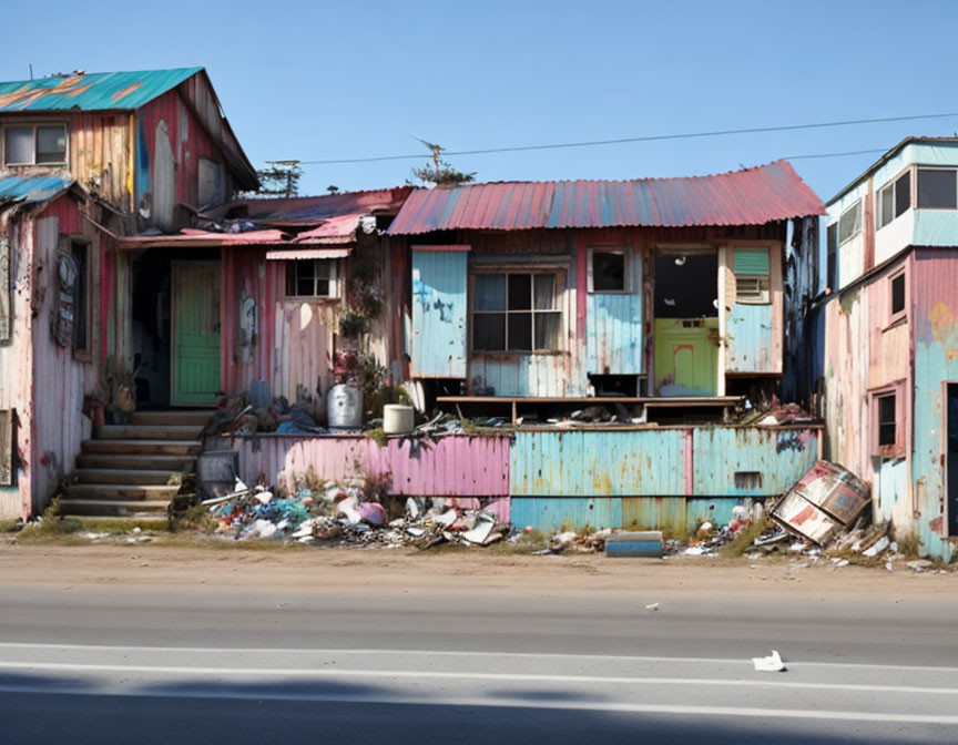 Multicolored dilapidated houses with debris and pot near street.