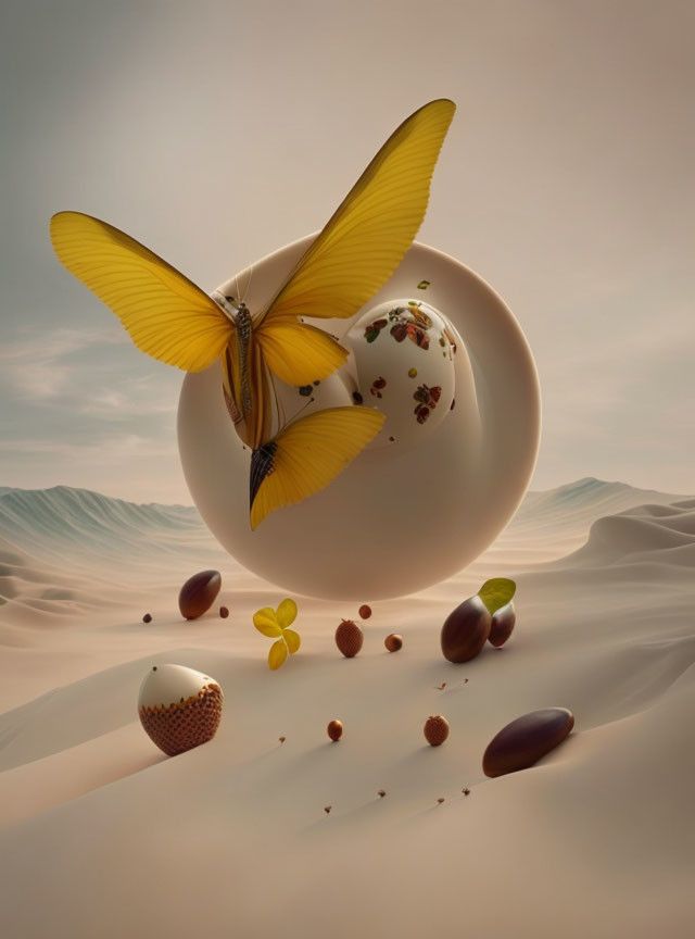 Large butterfly perched on cracked spherical object in surreal desert landscape