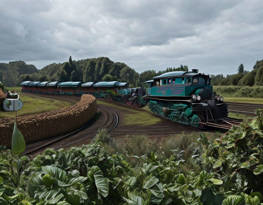 Vintage train with green and black livery in lush countryside