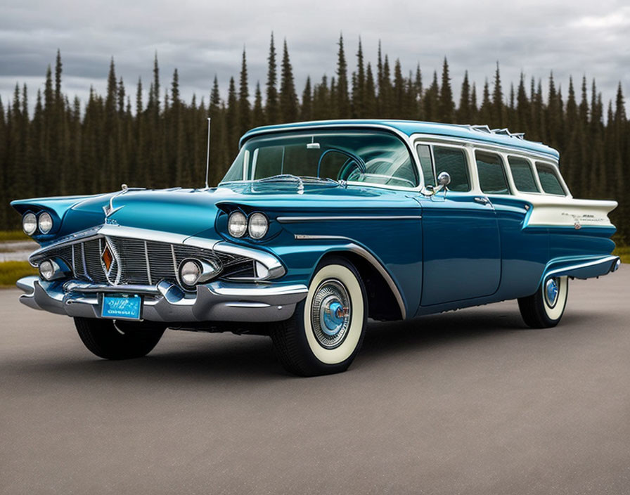 Classic Blue Station Wagon with White Wall Tires on Road