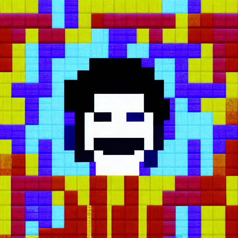 Smiling face with black hair on colorful pixelated grid