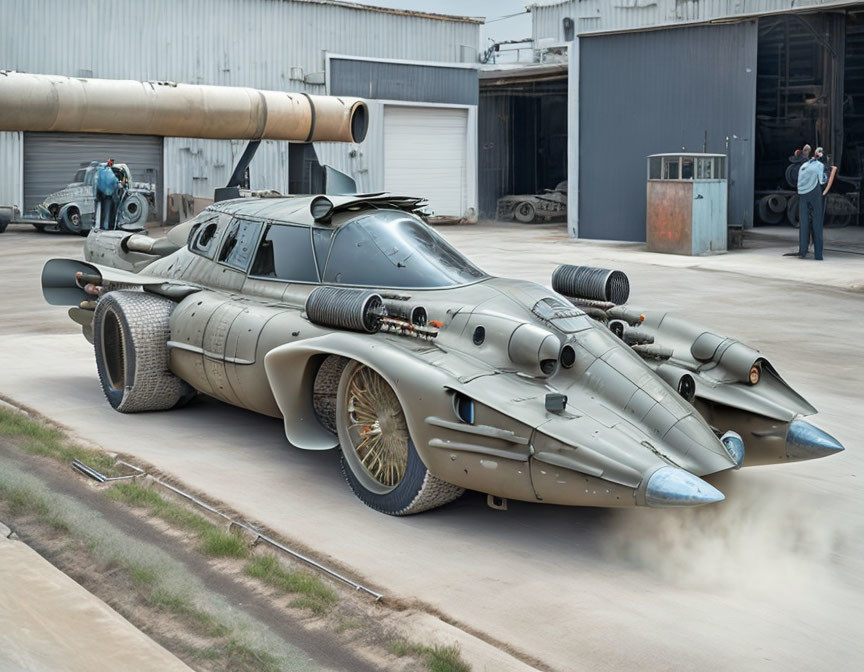 Futuristic vintage car with jet engine and propellers on tarmac