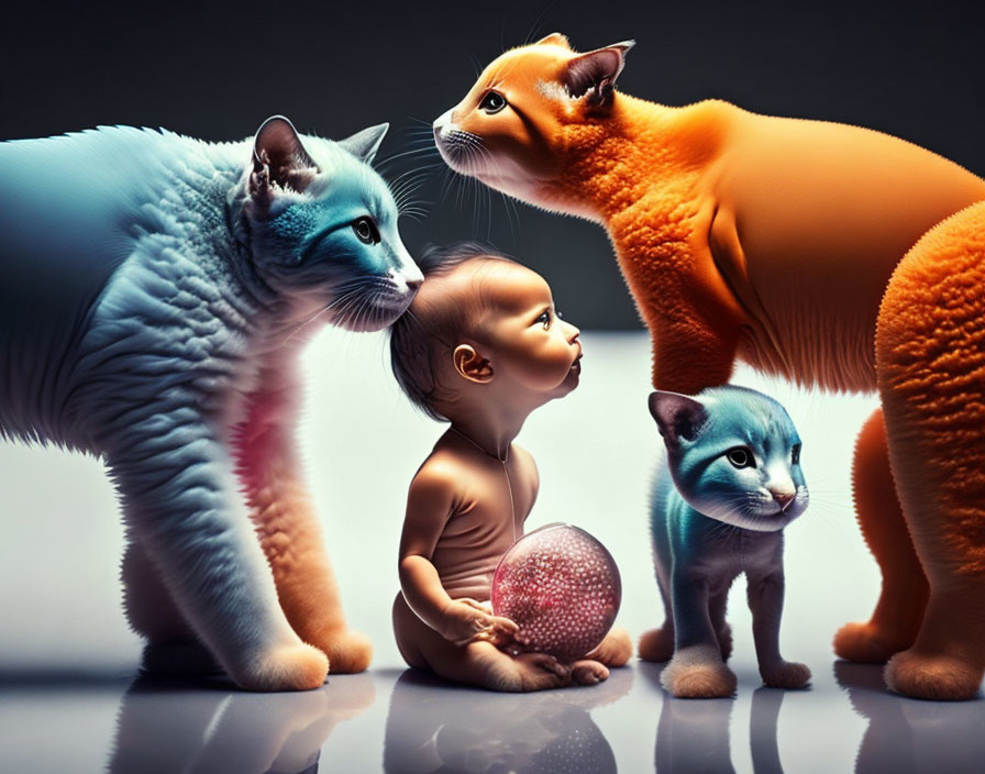 Baby with Glowing Orb and Colorful Cats in Surreal Art Piece