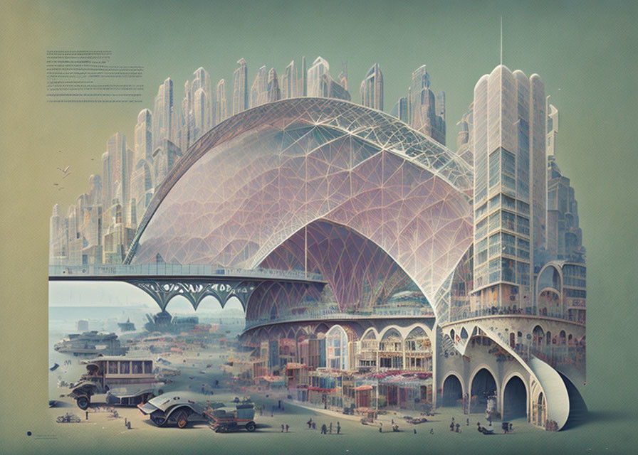 Futuristic cityscape with dome, towering buildings, and harmonious blend of nature and architecture