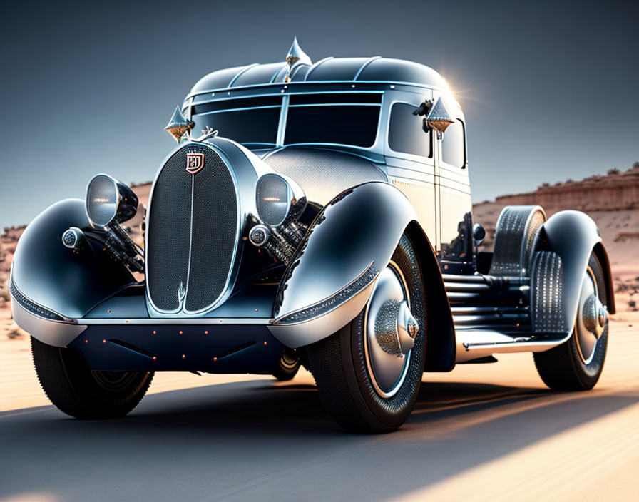 Sleek Blue and Silver Luxury Vintage Car in Desert Setting