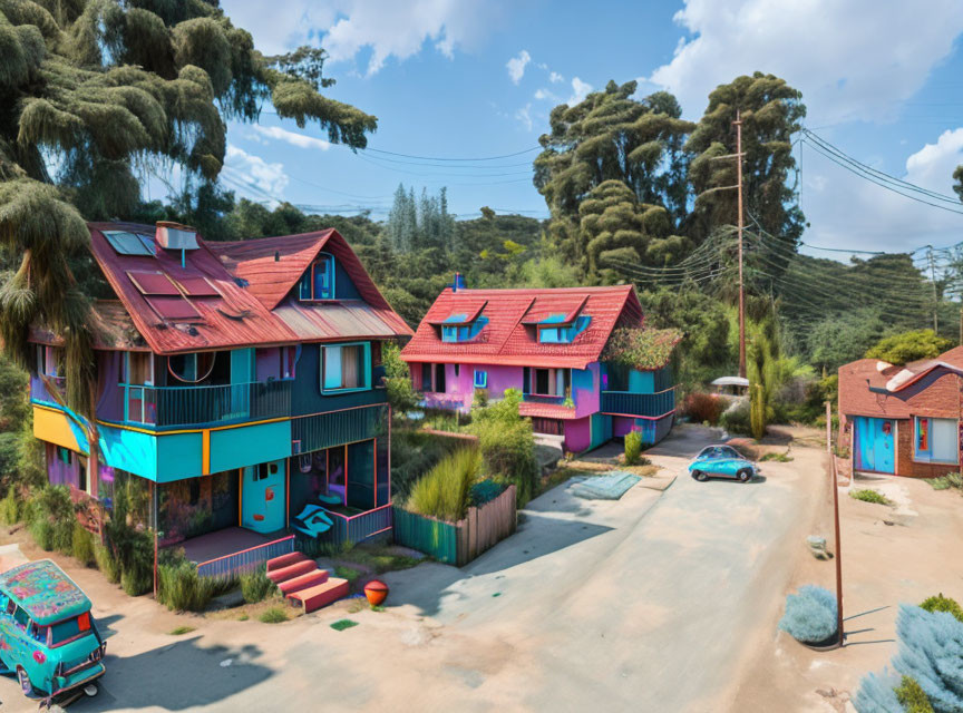 Vibrant pink and blue houses in lush green setting under blue sky