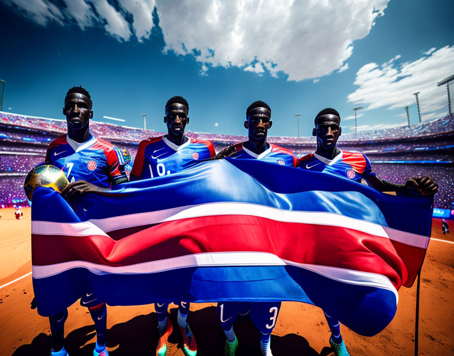 Four soccer players in blue uniforms with Costa Rican flag in sunlit stadium