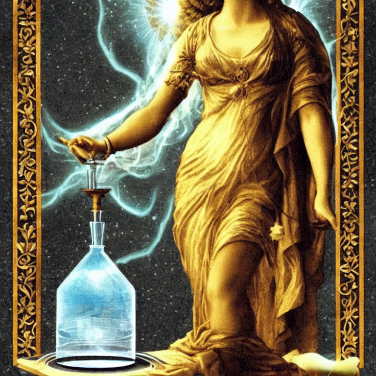 Illustrated woman in classical attire with swirling light flask against cosmic backdrop