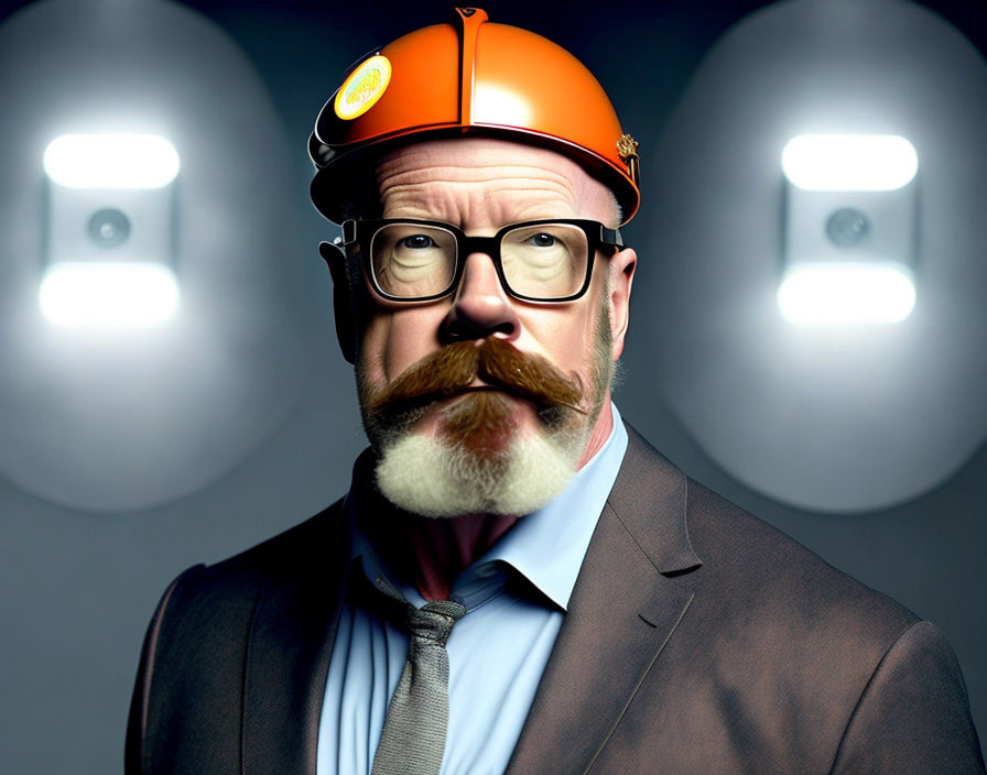 Man in Suit with Bushy Mustache, Glasses, Orange Hard Hat, Grey Background