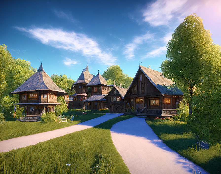 Tranquil village path with wooden houses, greenery, flowers, blue sky