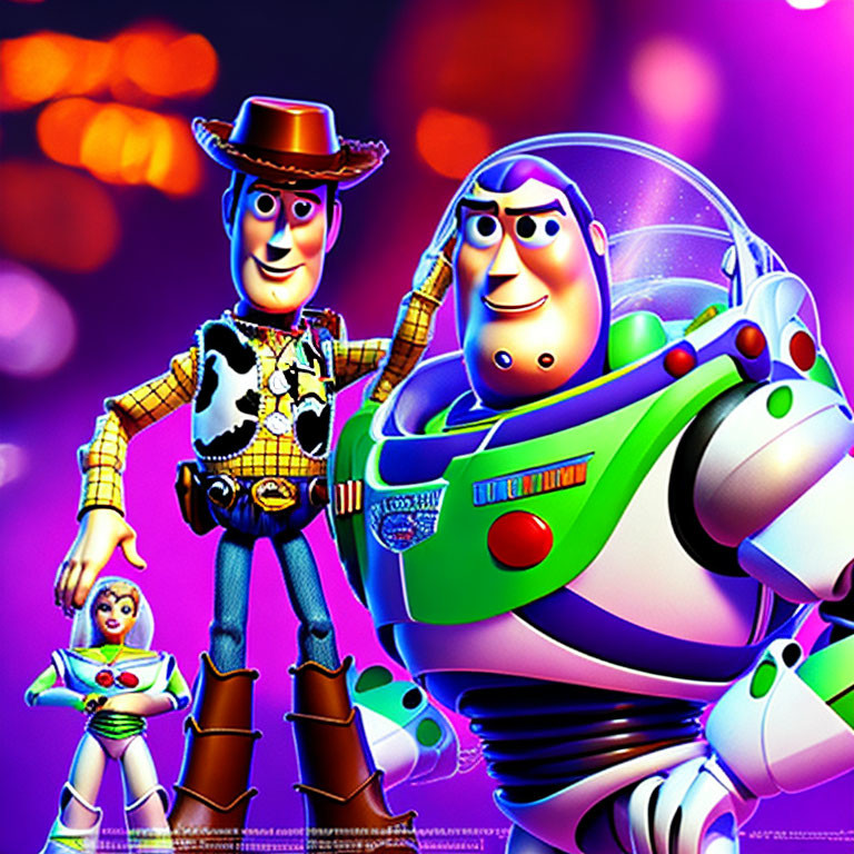 Toy cowboy and space ranger with smaller toy on vibrant backdrop