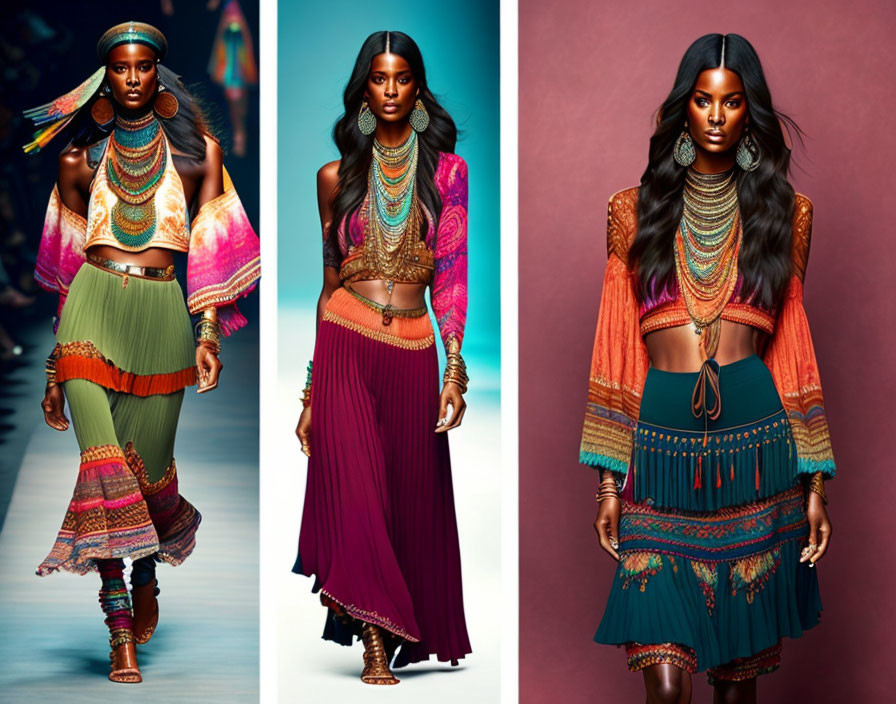 Model showcasing colorful bohemian attire on blurred runway.