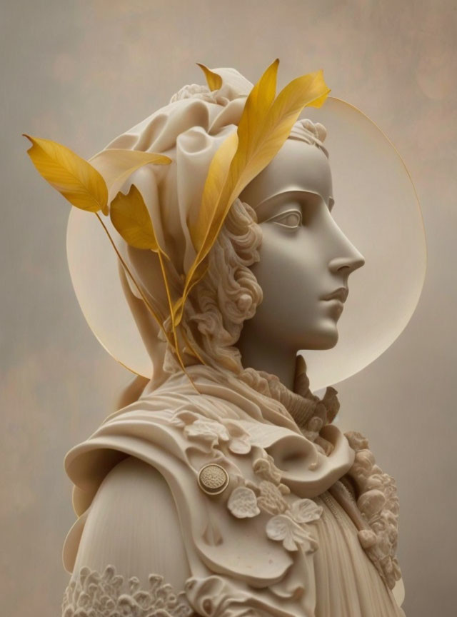 Floral-themed woman's bust sculpture with golden leaves on beige backdrop