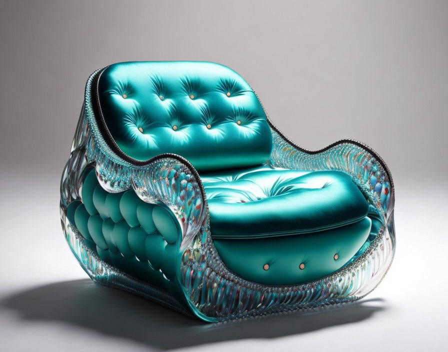 Luxurious Turquoise Armchair with Button Tufting and Ornate Frame