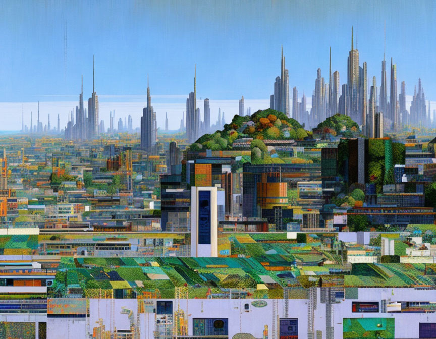 Futuristic cityscape with high-rise buildings and greenery blending in dense composition