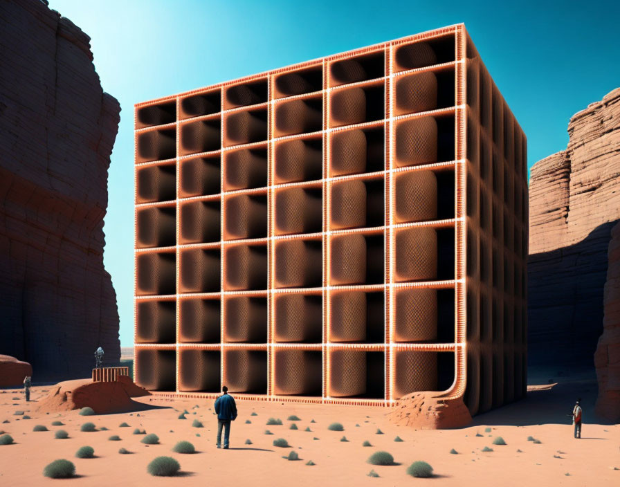 Cube-shaped desert building with grid pattern and circular designs observed by two people.