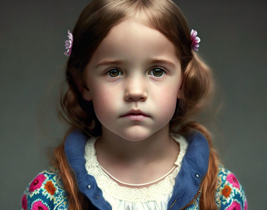 Young Girl with Reddish-Brown Hair in Braids and Detailed Outfit