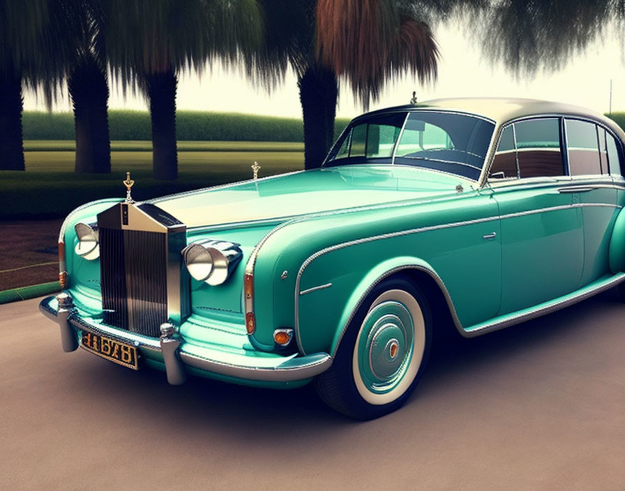 Vintage Turquoise and White Rolls-Royce with Palm Trees Background