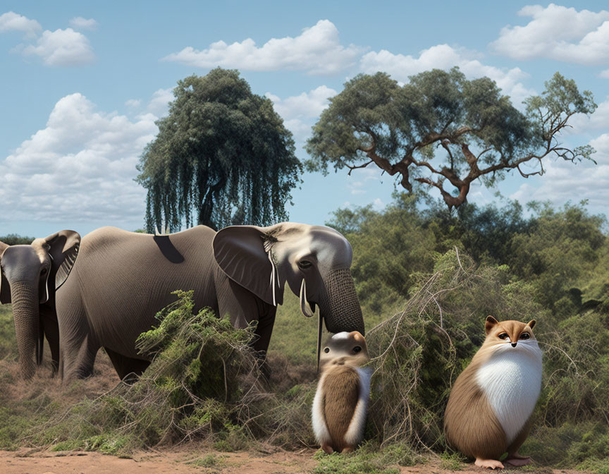 Elephants Pass Whimsical Meerkat-Rodent Hybrid Creatures in Savanna