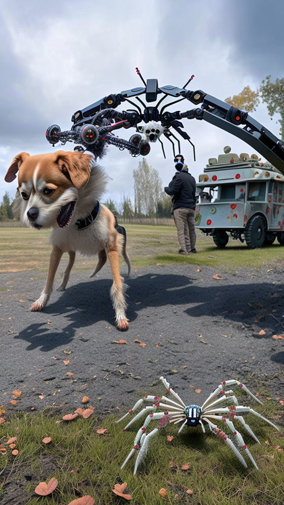 Robotic armature man with small dog and mechanical spider in nature