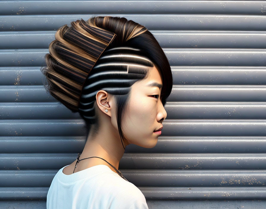 Profile view of person with stylized hair against corrugated metal.