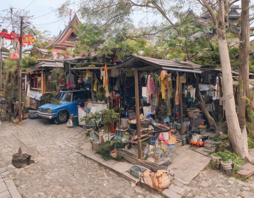 Eclectic goods at outdoor marketplace with vintage blue car under cloudy sky