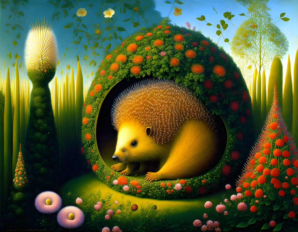 Illustration of oversized hedgehog in lush fantasy landscape