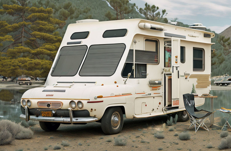 Vintage RV with open door in desert setting near lake