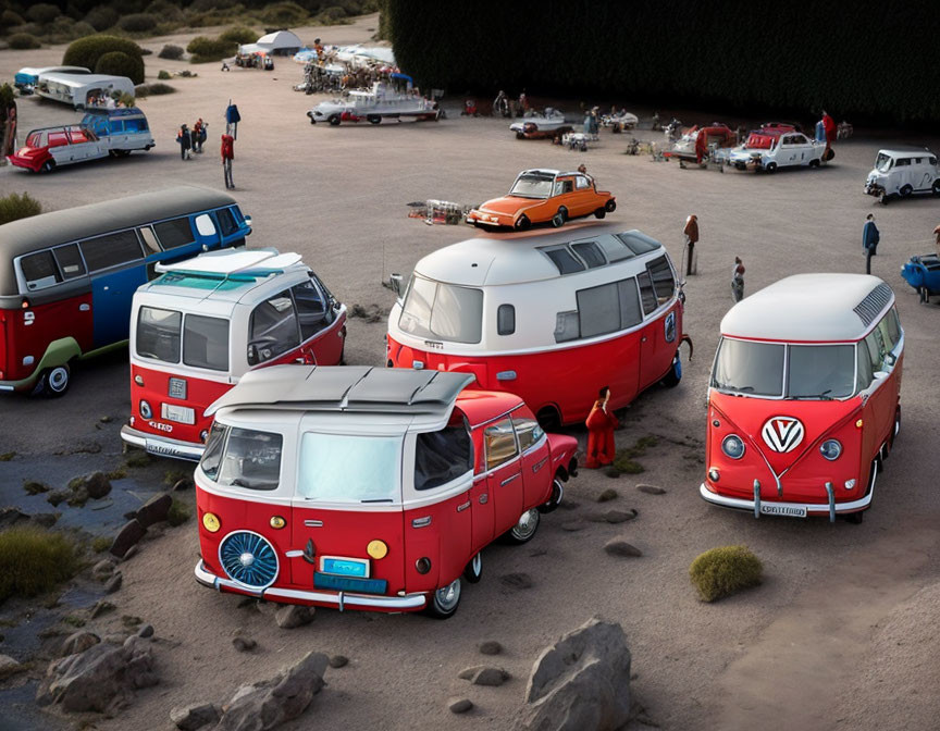 Vintage Volkswagen Vans Gathering on Gravel Lot