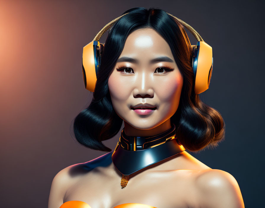 Futuristic portrait of woman with gold headphones and collar on gradient background