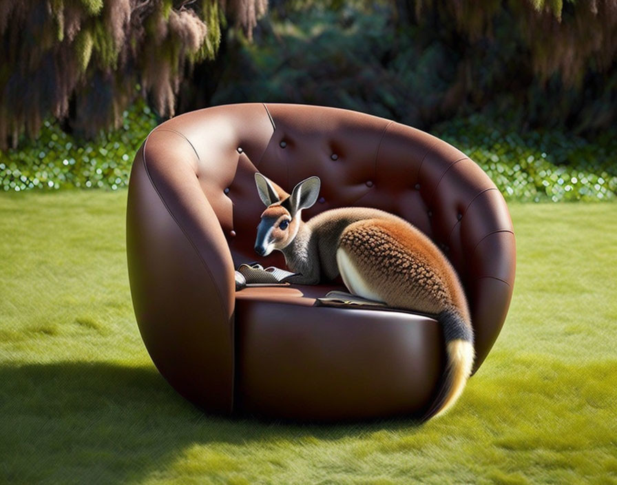 Kangaroo relaxing in large leather armchair on green lawn