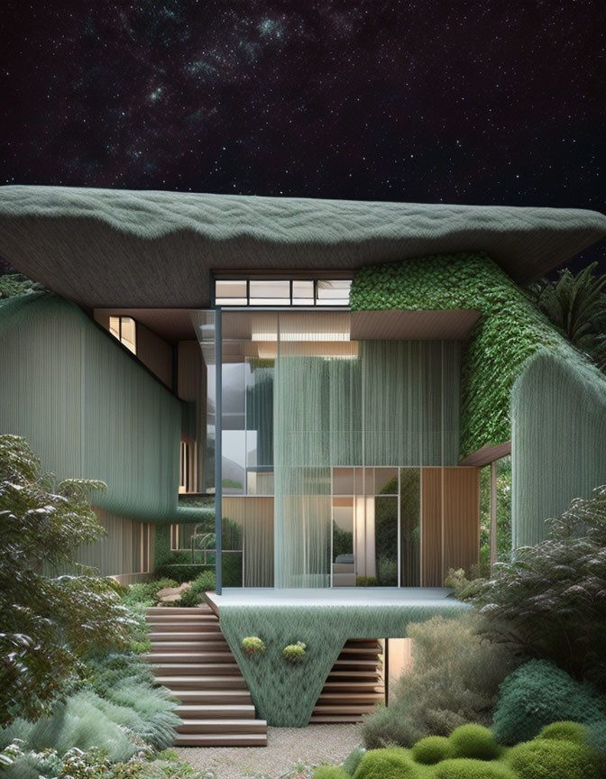 Futuristic house with green walls and starry night sky