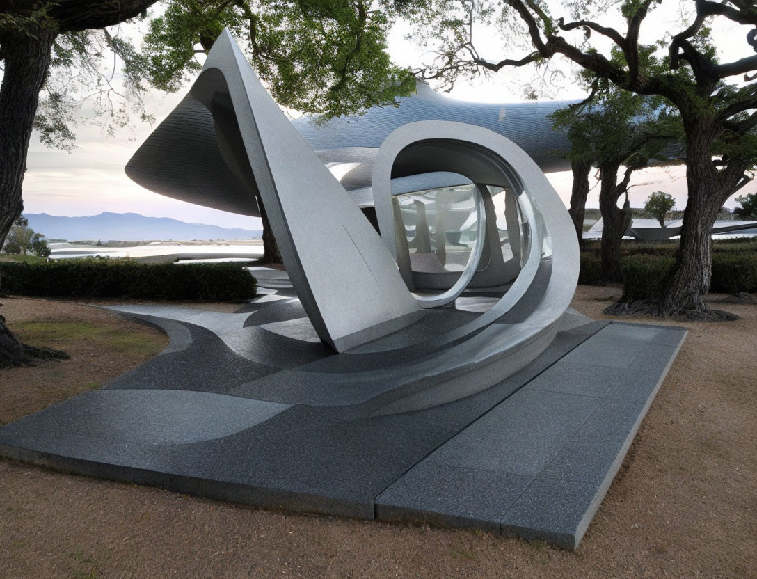 Abstract Grey Concrete Sculpture with Wavy Design and Circular Openings in Park Setting