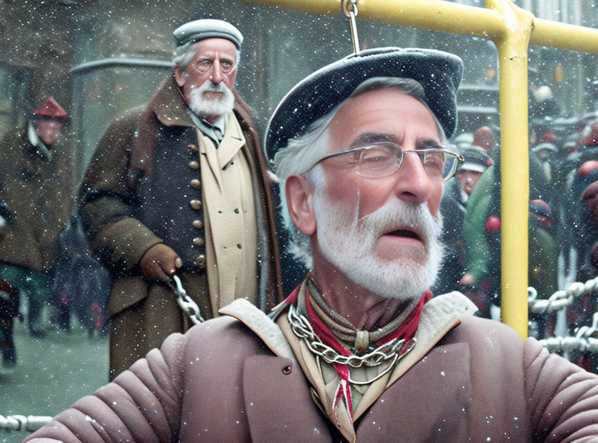 Elderly Man in Cap Contemplating Snowy City Scene