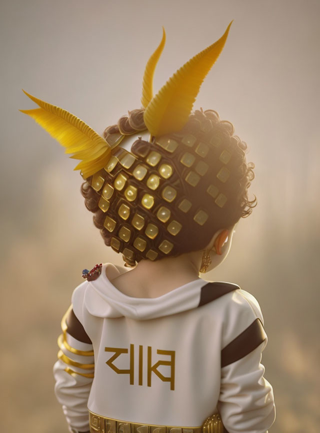 Child with futuristic helmet and "ZUKA" word on garment in soft outdoor lighting