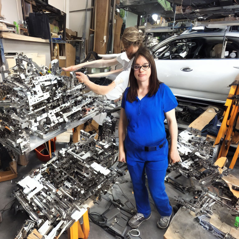 Blue uniformed person with metal sculpture and car in workshop scene.