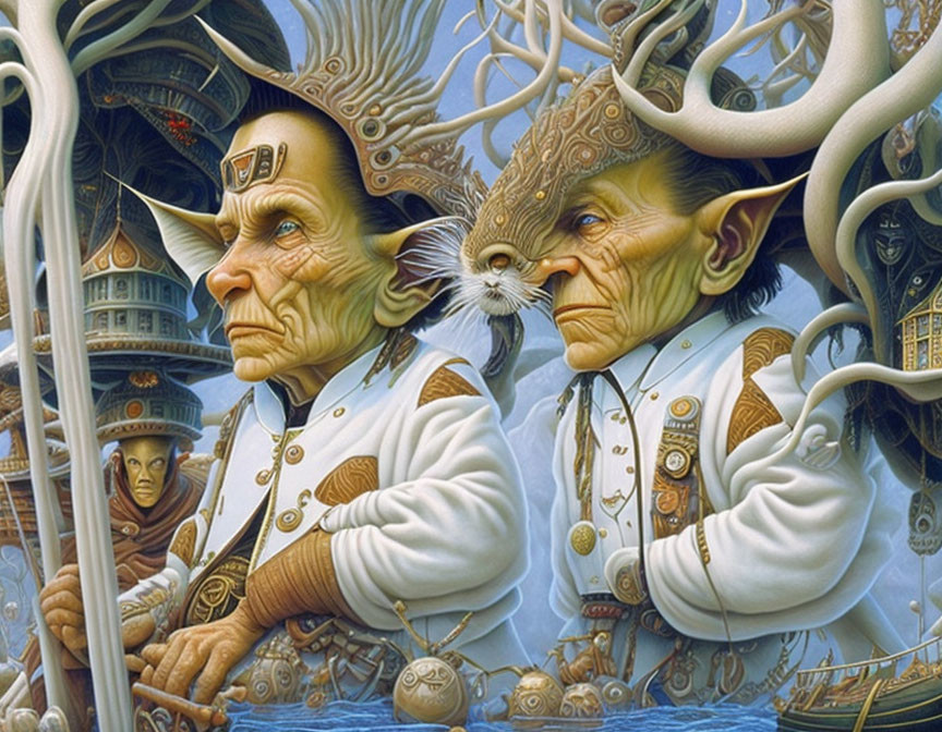 Elderly fantasy creatures with intricate hats in steampunk setting