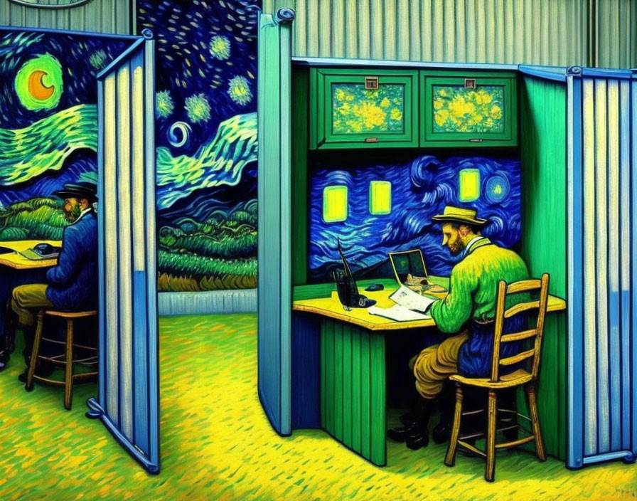 Artistic fusion of "Starry Night" with modern office life in a creative artwork.