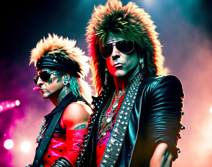 Glam Rock Attired Pair in Dramatic Pose with Colorful Stage Smoke