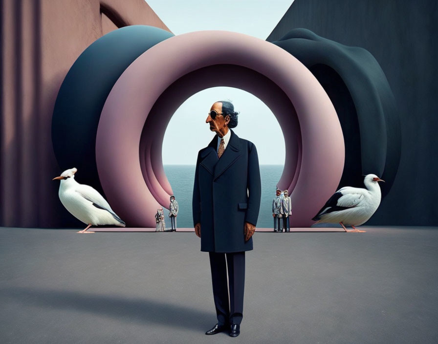 Man in suit surrounded by surreal arches, giant seagulls, and miniature humans