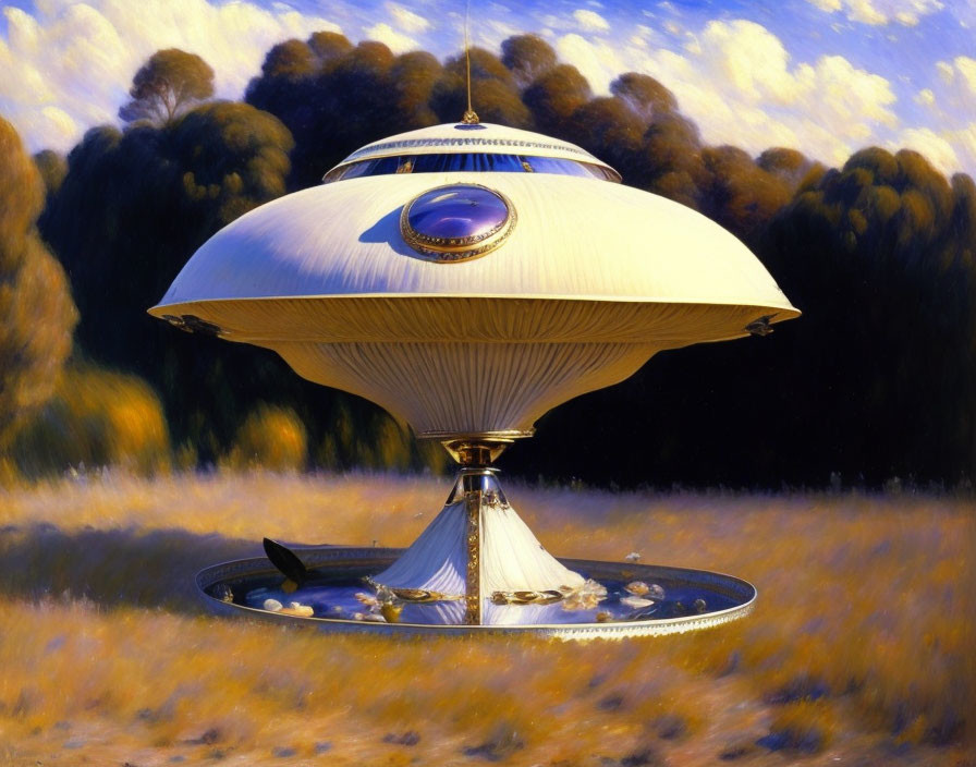 Classic Flying Saucer UFO in Golden Field with Trees