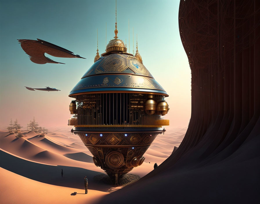 Ornate futuristic building hovers over desert with people and spaceships