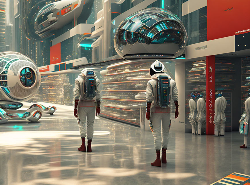 Futuristic city exploration by two astronauts