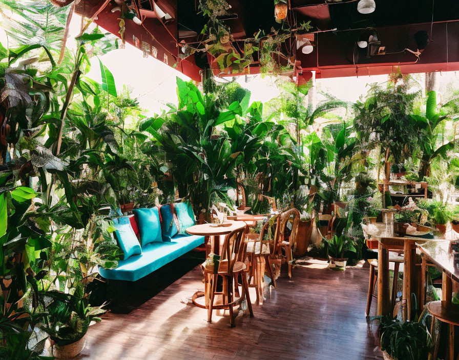 Plant-filled Cafe with Wooden Furniture & Blue Cushioned Seating